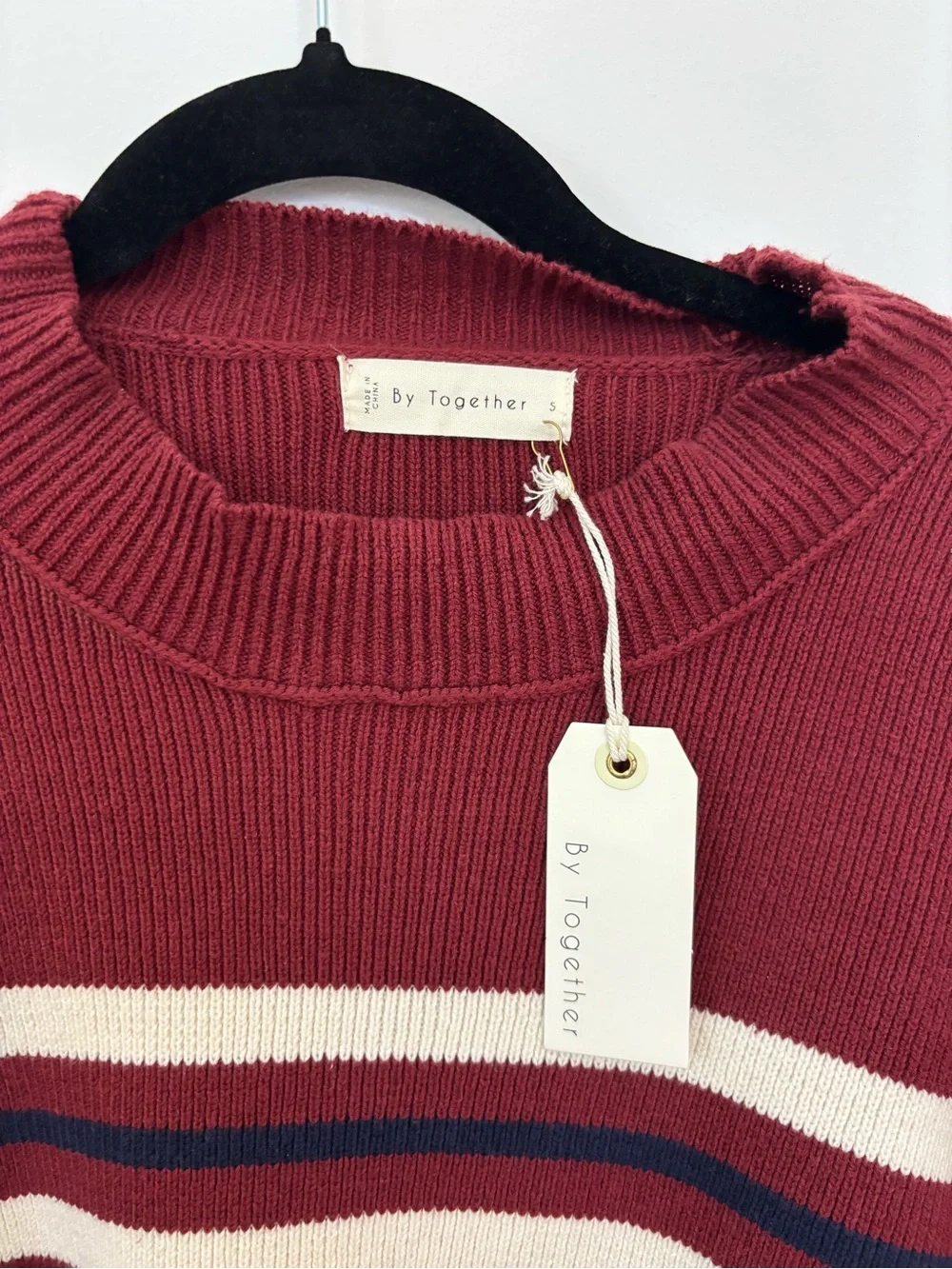 By Together Burgundy Striped Cropped Crew Sweater